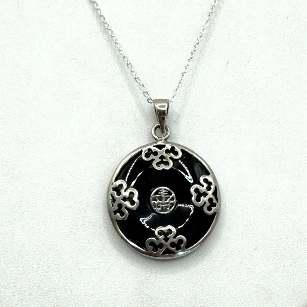 925 Italy Sterling Silver Onyx Donut Circle Necklace Chinese Characters 20”